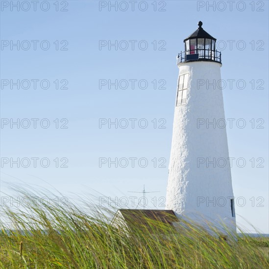 Great Point Lighthouse against clear sky with marram grass in foreground