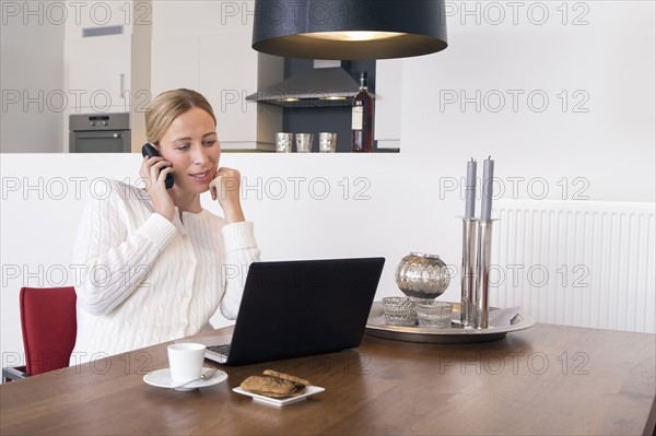 Smiling woman using laptop at home