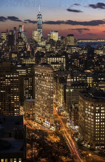 Downtown skyline at dusk. New York City, New York.