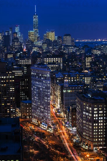 High angle view of city at night. New York City, New York.