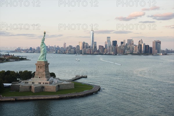 Aerial view of Statue of Liberty and city skyline