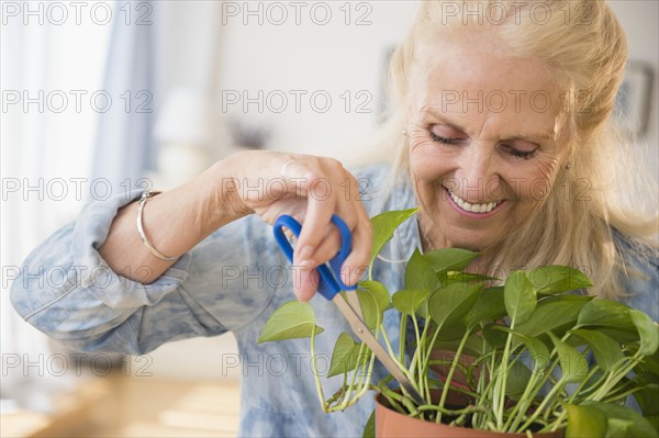 Senior woman cutting plant
