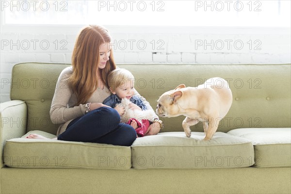 Mother and son (2-3) on sofa looking at pug