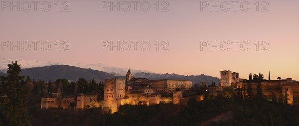 Cityscape with illuminated castle at dusk, pink sky