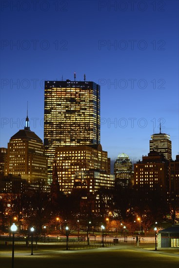 Illuminated office buildings at dusk