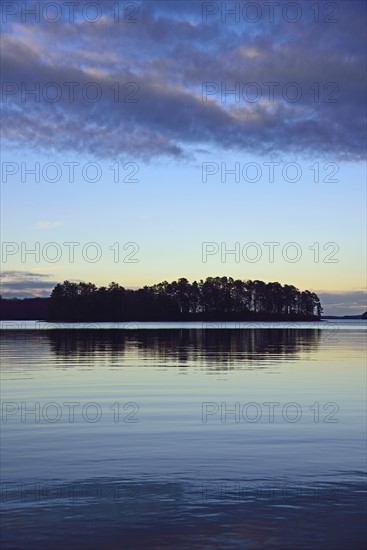 Symmetrical view of trees reflecting in lake at dusk