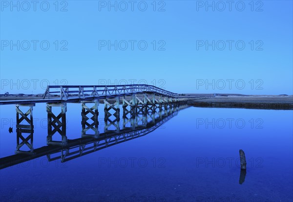 Bridge reflecting in water, blue image
