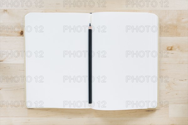 Overhead view of pencil in notebook