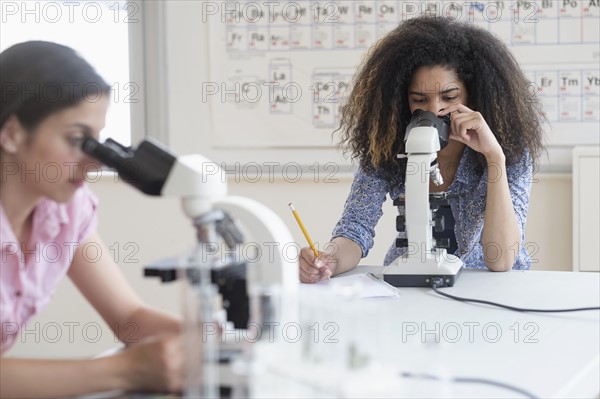 Teenage girls (14-15, 16-17) using microscope in science class.