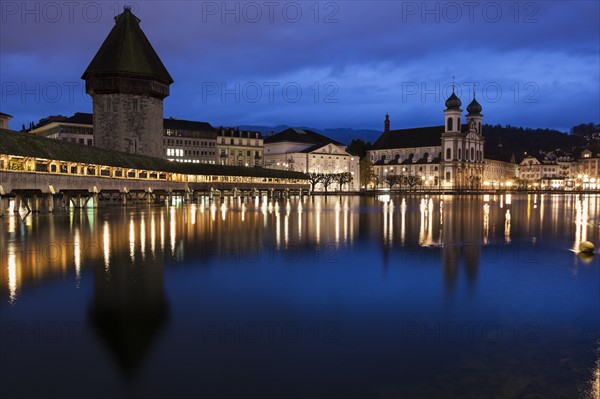 Chapel Bridge and Jesuit Church at Night