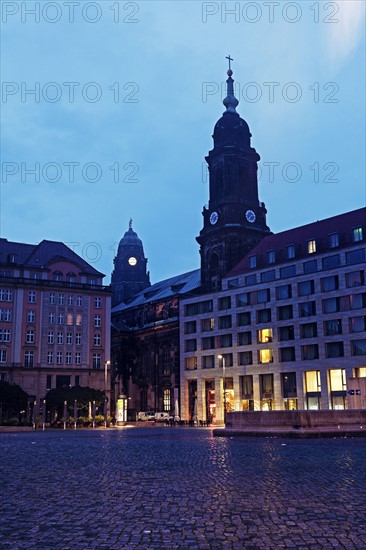 Altmarkt and Kreuzkirchturm and Dresden City Hall