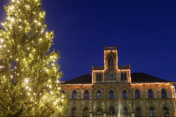 Illuminated Christmas tree and building facade