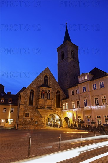 Illuminated old town buildings