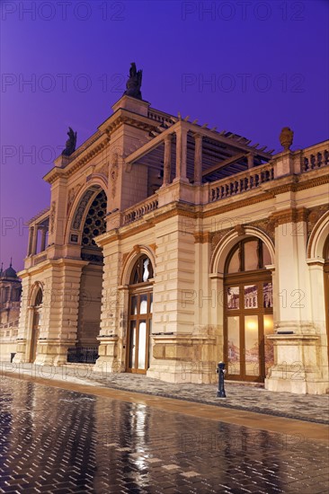 Varkert Bazar entrance illuminated at night