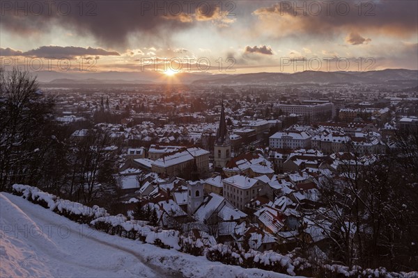 Winter cityscape at sunrise