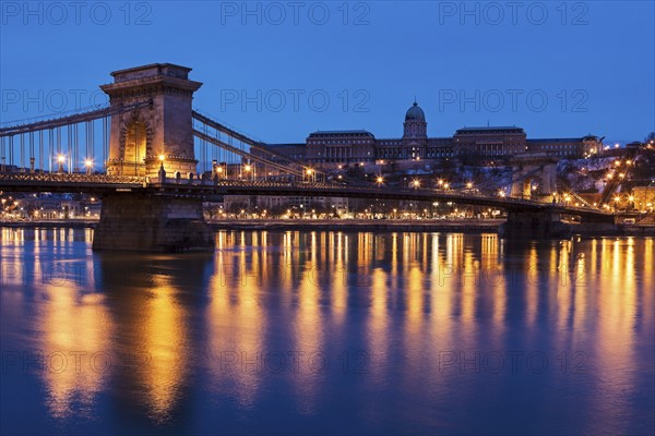 Illuminated Chain Bridge and Buda skyline