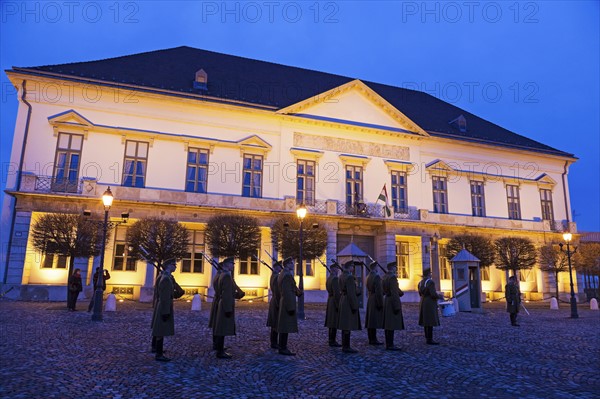 Honor guard in front of illuminated Sandor Palace