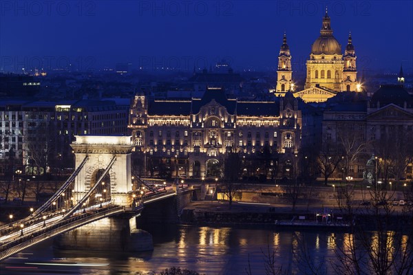 Illuminated cityscape with Chain Bridge and Saint Stephen's Basilica