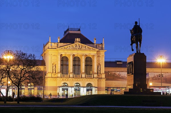 Illuminated building of main railway station