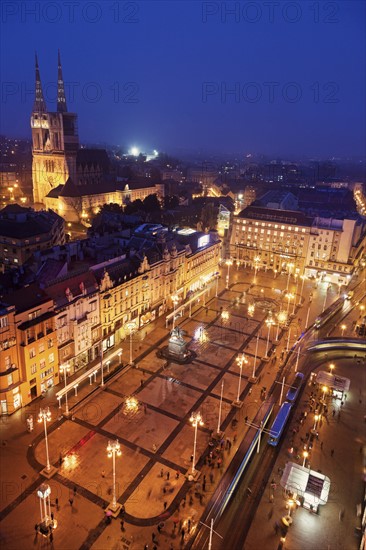 Elevated view of Ban Jelacic Square at night
