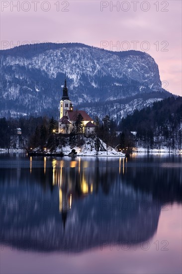 Lake Bled and illuminated Church of the Assumption