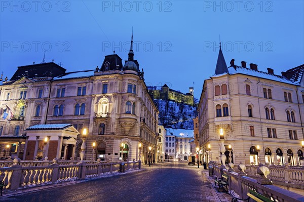 View along Triple Bridge towards Ljubljana Castle