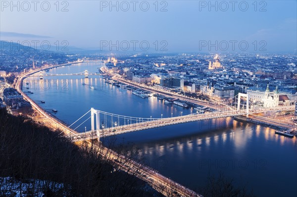 Waterfront cityscape with illuminated Elisabeth Bridge