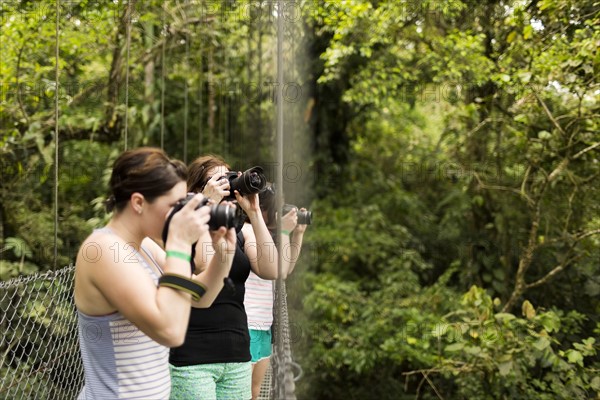 Young women photographing in forest