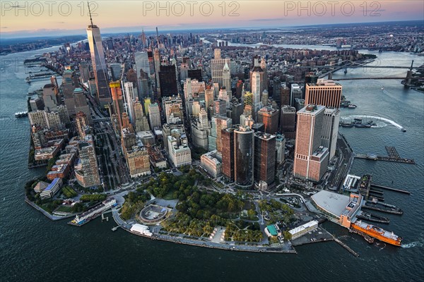 Aerial view of downtown district. USA, New York, New York City.