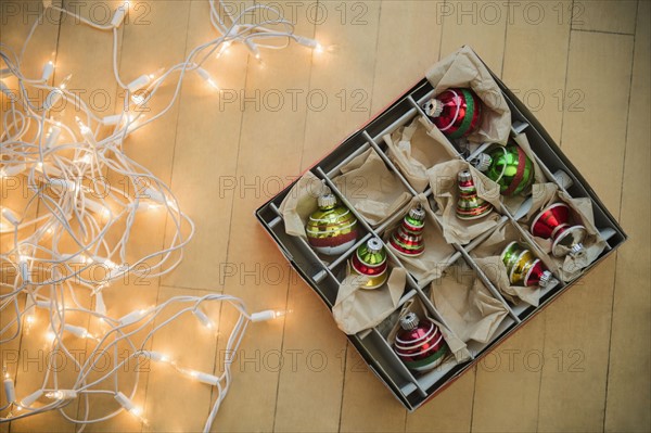 View of Christmas lights and baubles