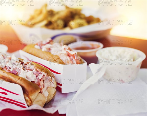 View of lobster sandwiches and salad