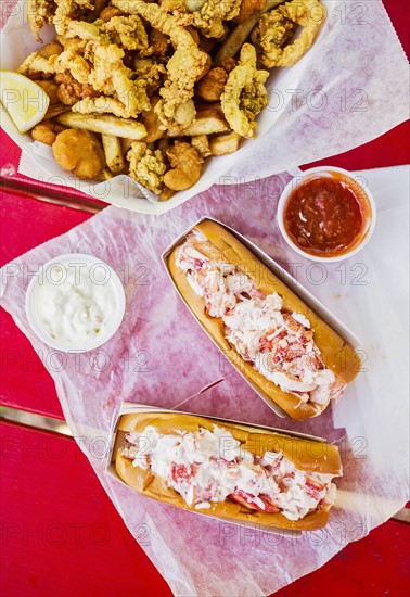 View of lobster meal on red