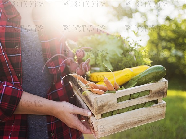 Mid section of woman holding crate with vegetables