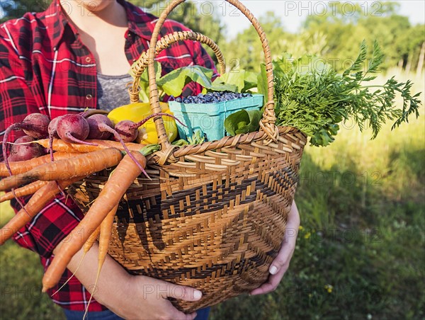 Mid section of woman holding basket with vegetables and fruits