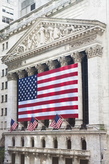 American flag on facade of New York Stock Exchange building