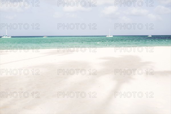 View of beach, shadows of palm trees and yachts in distance