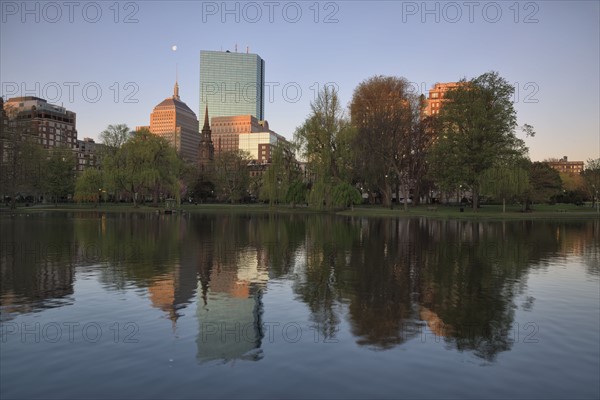 Buildings in Copley Square in Boston Public Garden pond