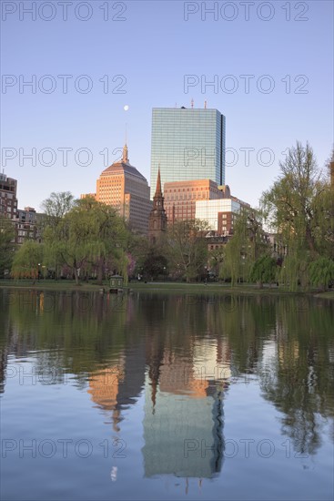 Buildings in Copley Square in Boston Public Garden pond