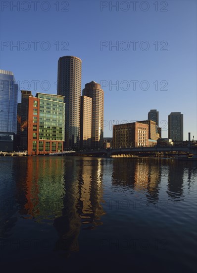 View of buildings in Fort Point Channel in morning
