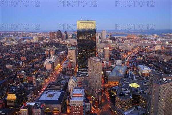 Elevated view of Boston skyline at dusk
