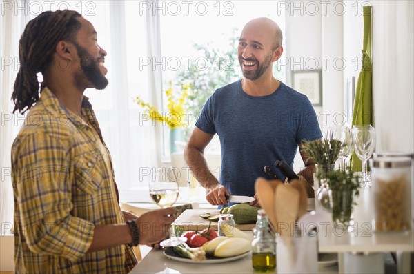 Smiley homosexual couple drinking wine in kitchen.