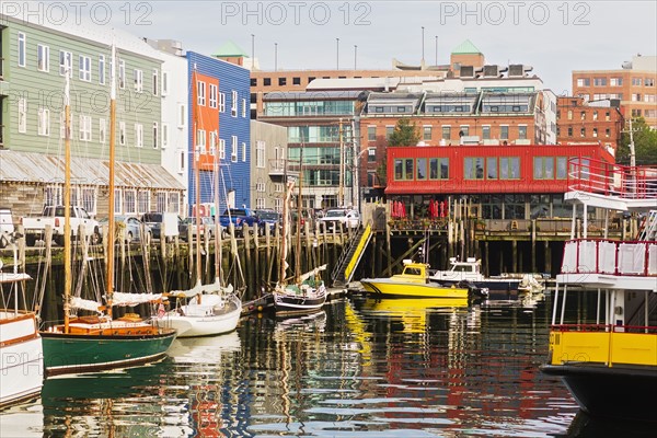 Boats moored at Portland harbor