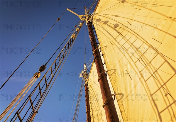 Sail and mast against clear sky