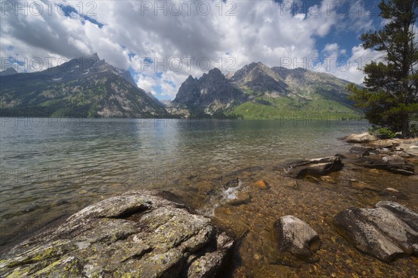 Lake with mountains in background