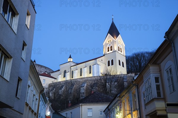 Illuminated church at dusk