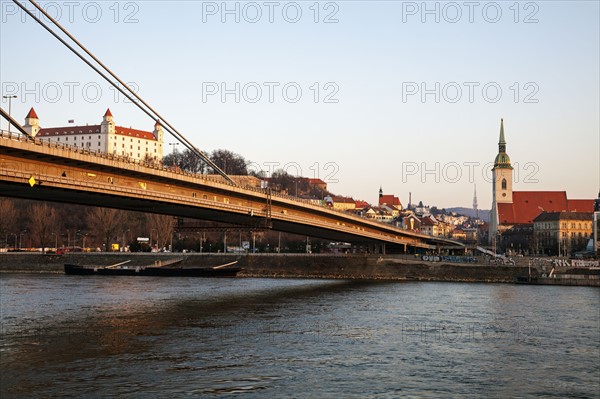 Bridge over water with city in background