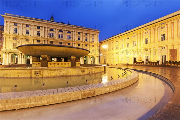 Piazza de Ferrari illuminated at dusk