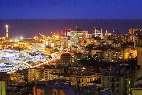 Cityscape with harbor in background at night