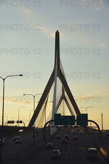 View of Leonard P Zakim Bunker Hill Bridge at sunset