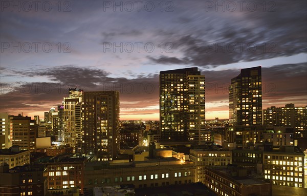Dusk lights over cityscape